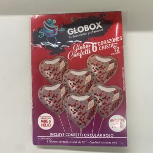 SET 6 GLOBOS CORAZONES CRISTAL 12" + CONFETTI CIRCULAR (6233)